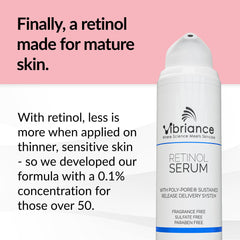 Vibriance Retinol Serum bottle pump demonstrates easy, controlled application for mature skin.