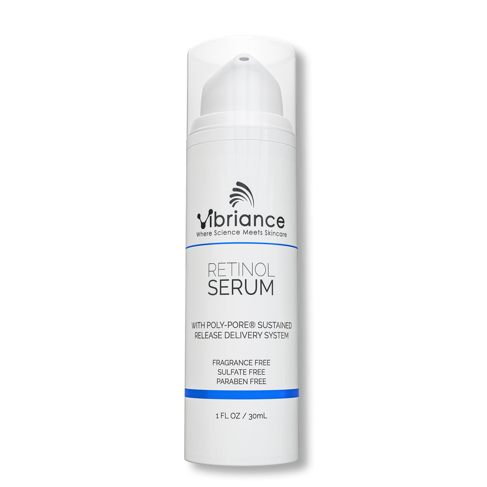 Vibriance Retinol Serum bottle closeup for nightly glow and wrinkle care.