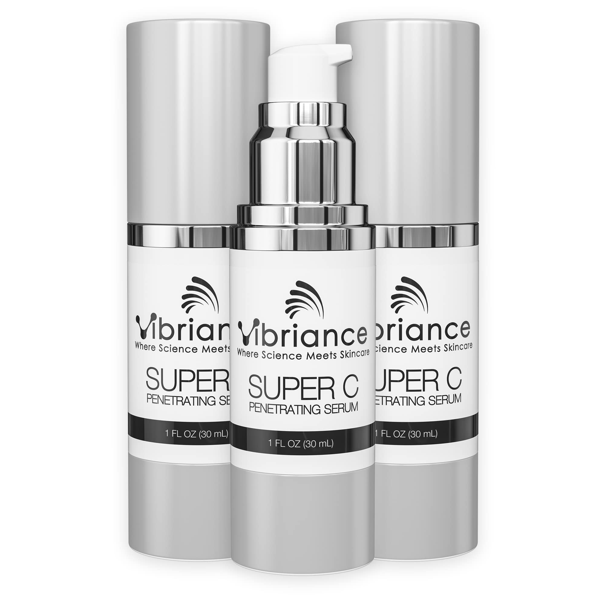 Vibriance Super C Serum bottle closeup showing sleek packaging for brightening skin.
