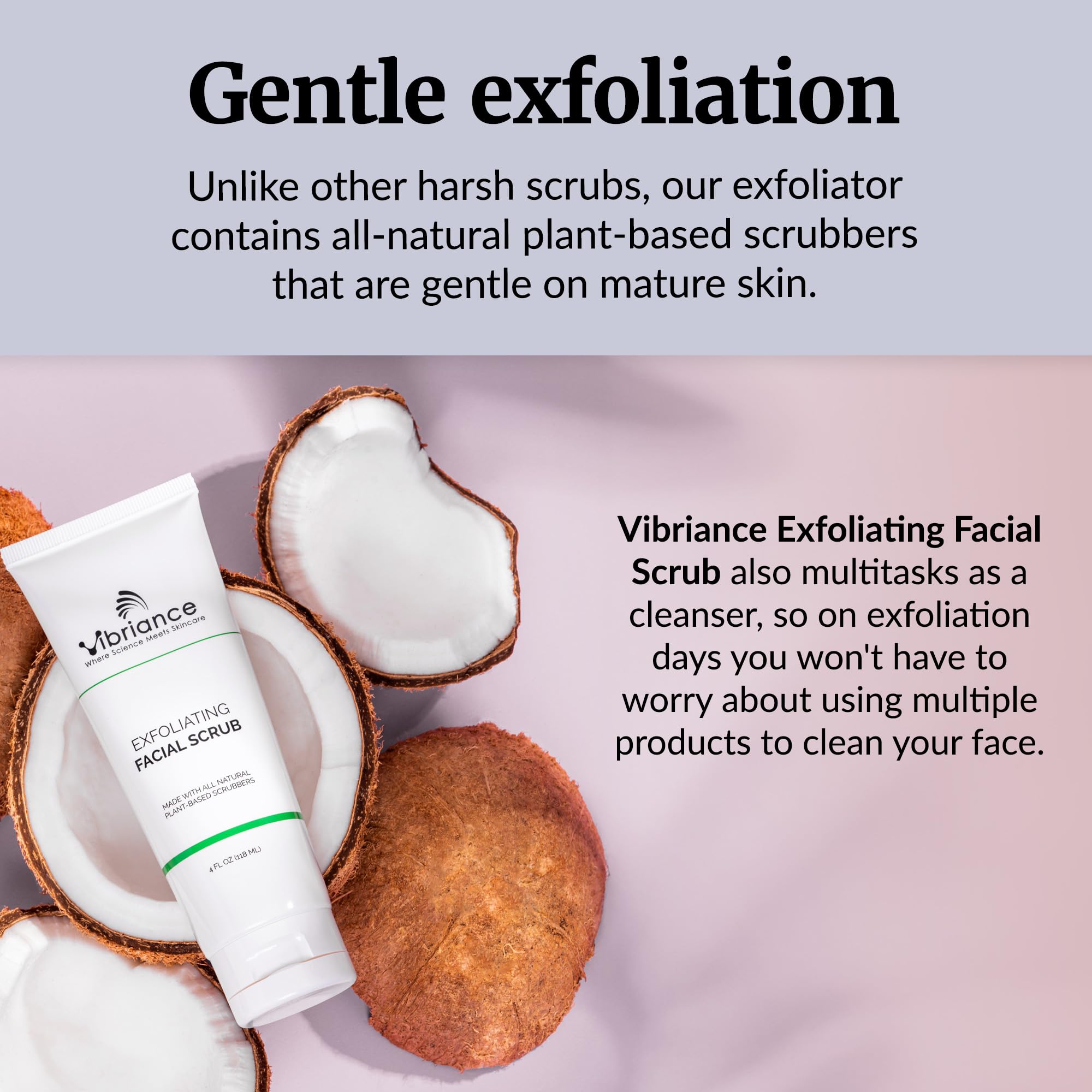 Vibriance Ultra-Gentle Face Scrub packaging in a bathroom setting for daily use