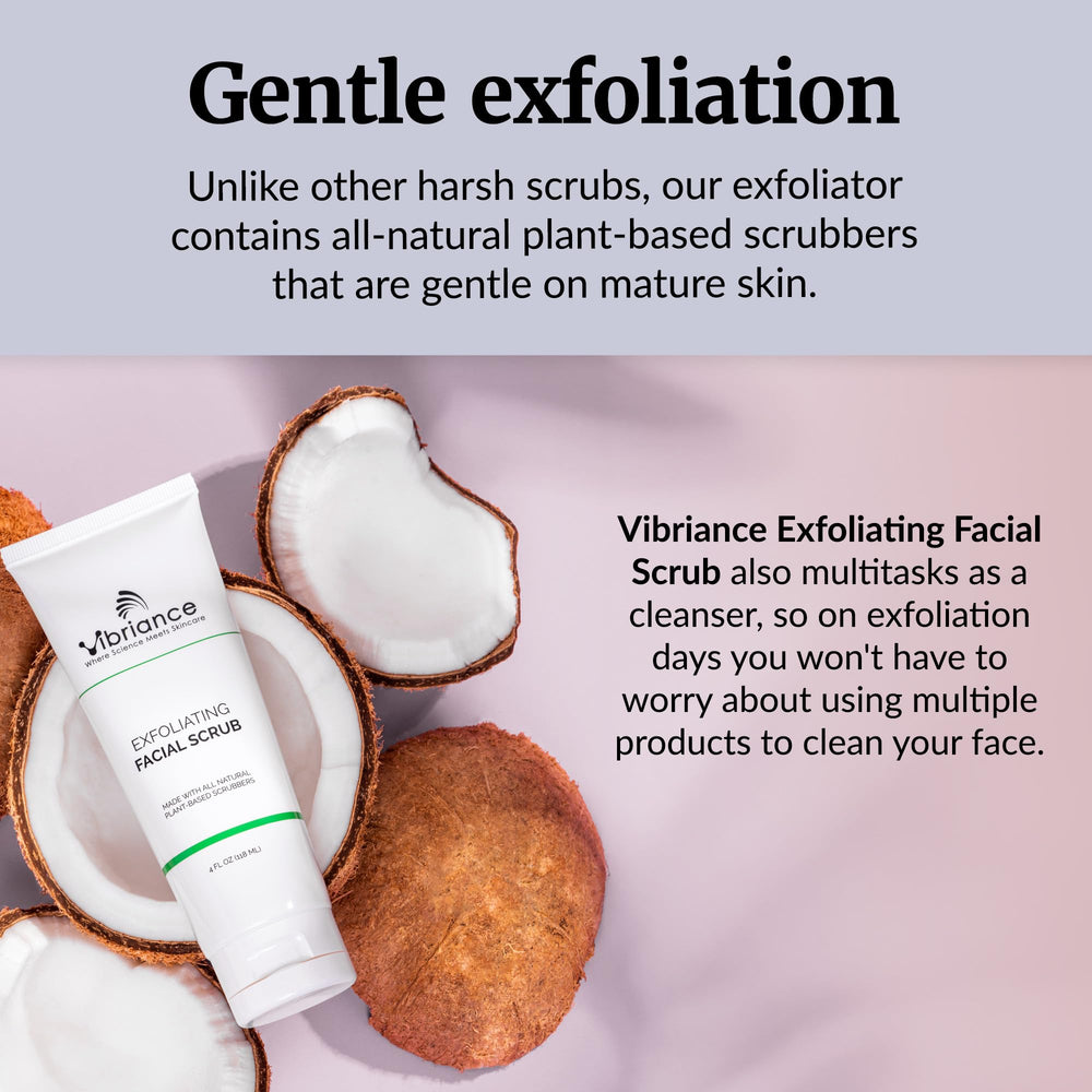 Vibriance Ultra-Gentle Face Scrub packaging in a bathroom setting for daily use