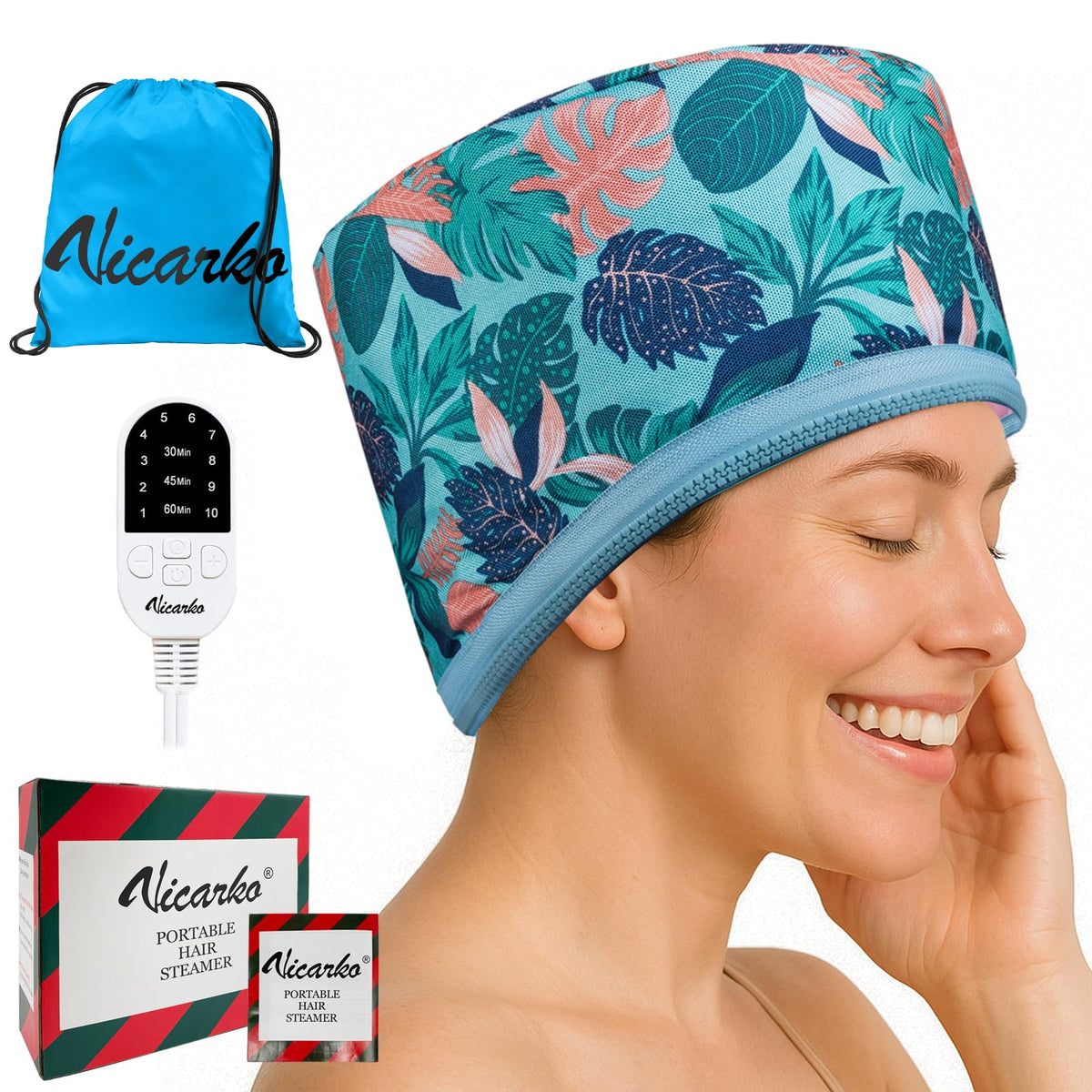 VICARKO hair steamer cap setup showing spacious cap for even conditioning