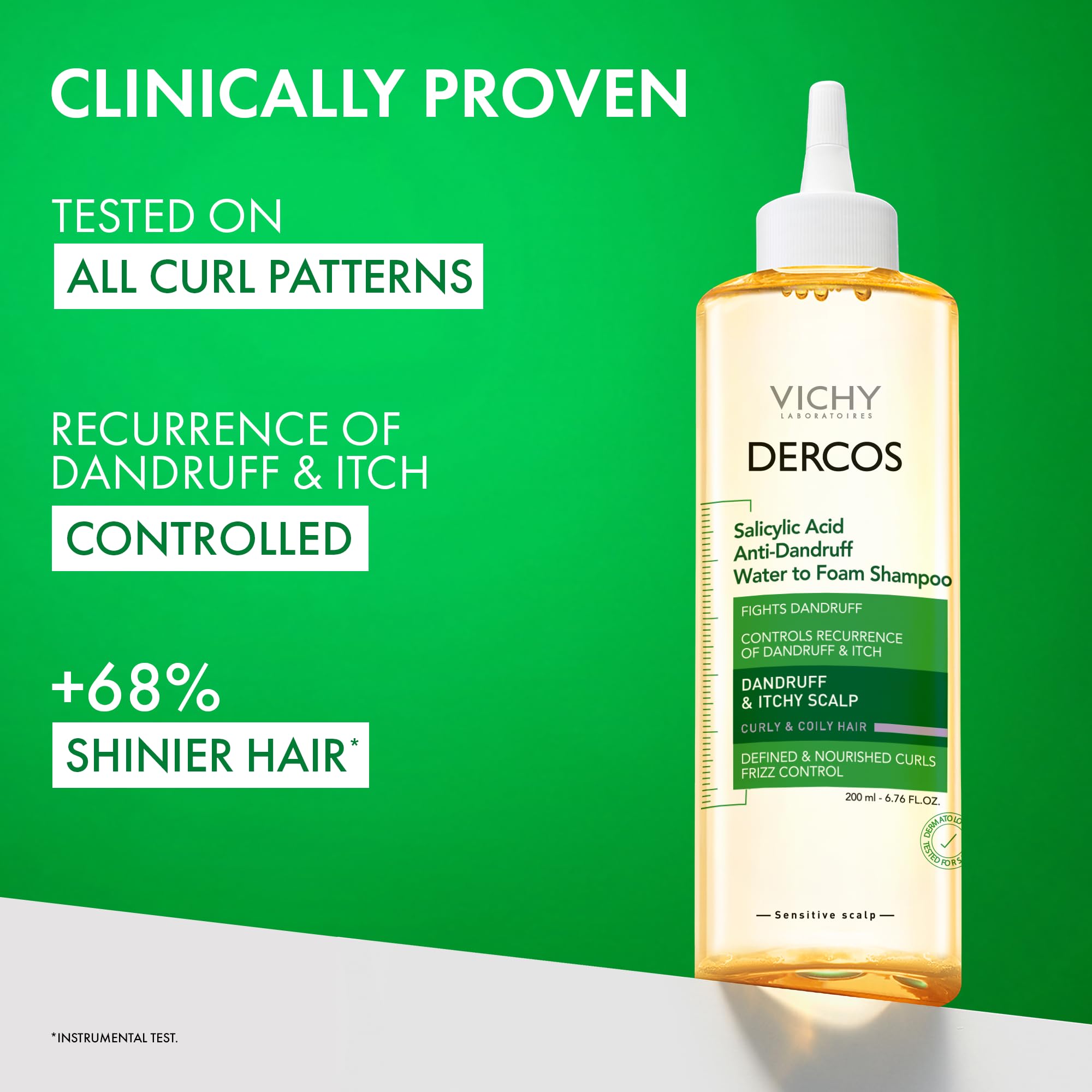 VICHY Dercos 200 ml bottle shown next to hand for size comparison and travel convenience