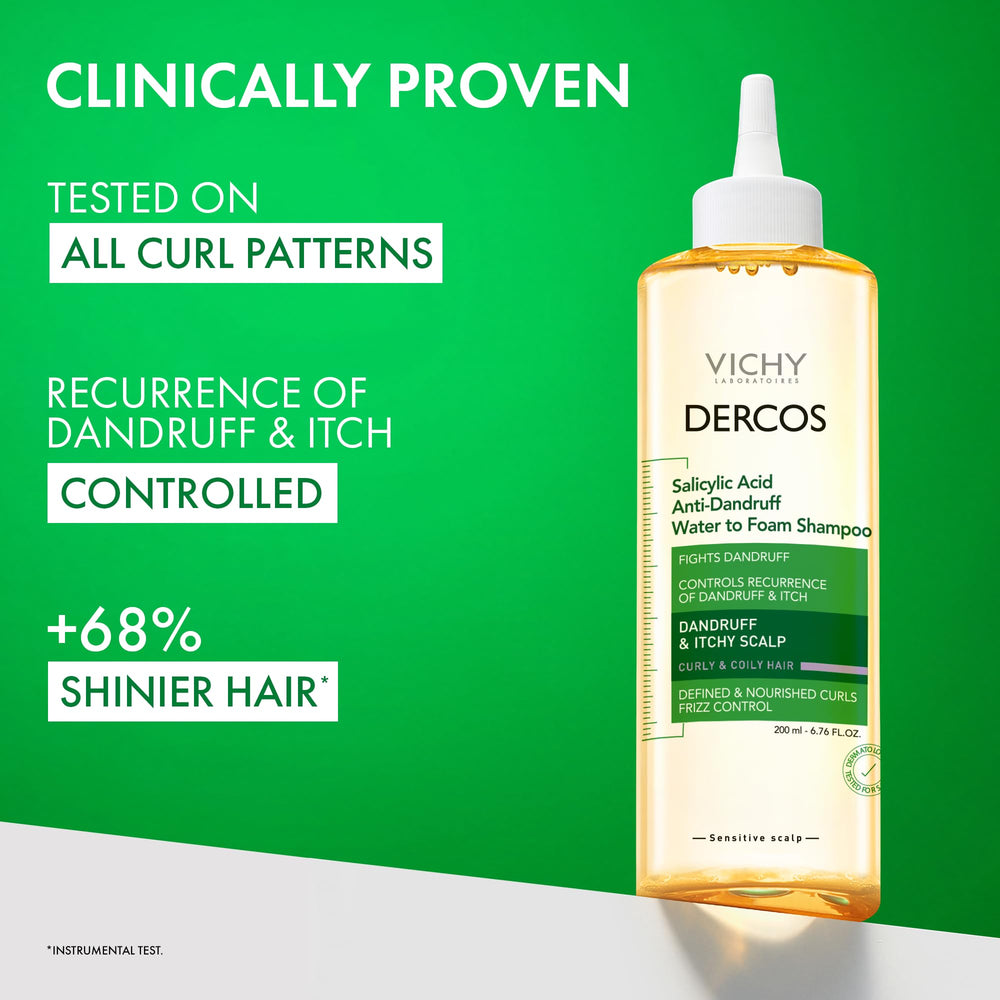 VICHY Dercos 200 ml bottle shown next to hand for size comparison and travel convenience