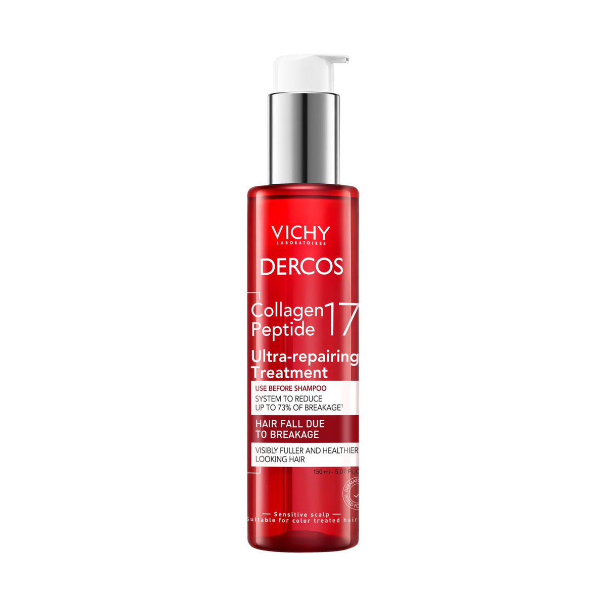 VICHY Dercos bottle front view showing label and 150ml size with strengthening benefit