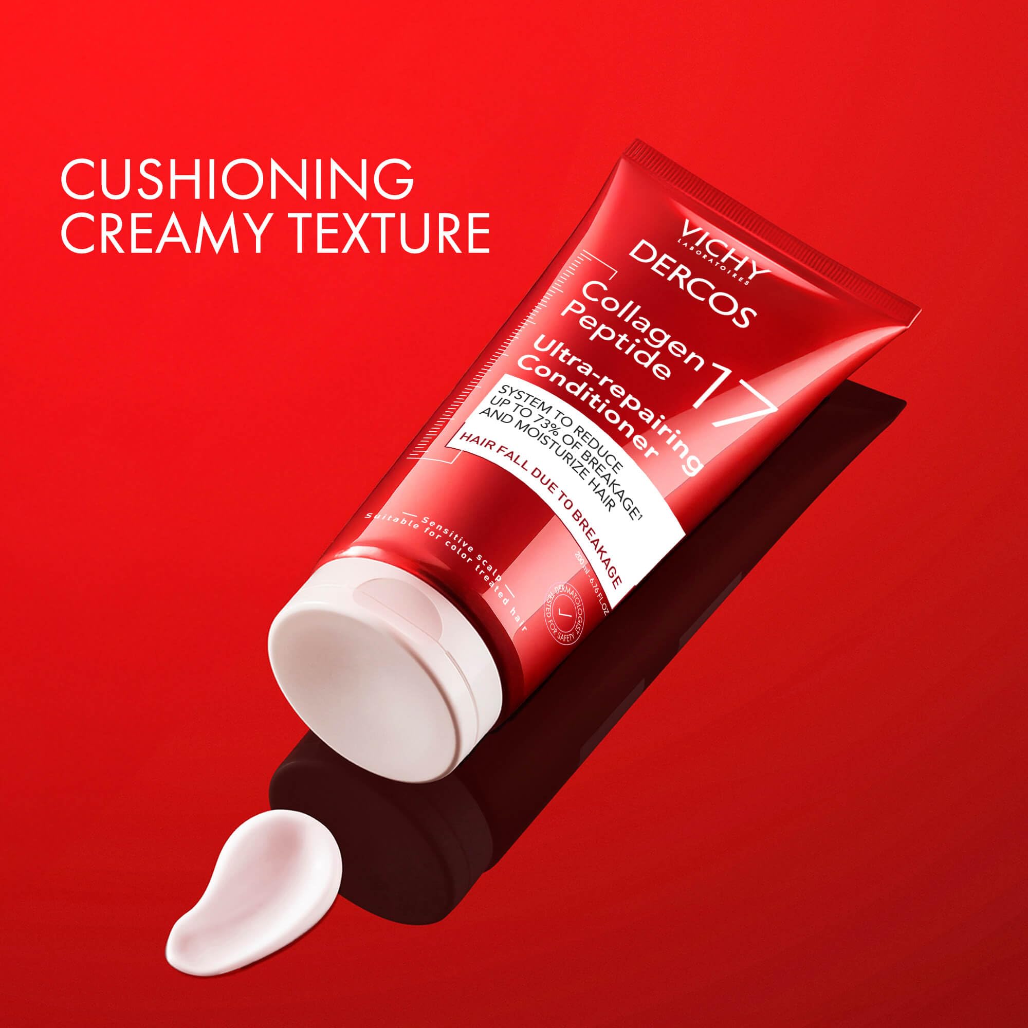 VICHY Dercos conditioner in hand demonstrating easy application benefit