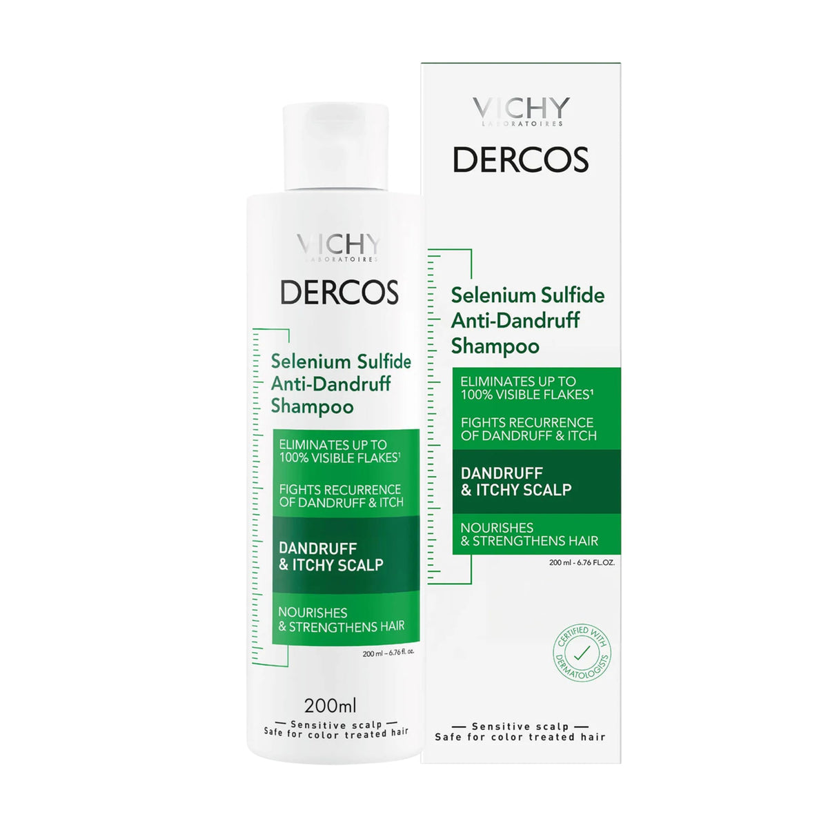 Vichy Dercos front packaging showing bottle and clinical branding for reassurance