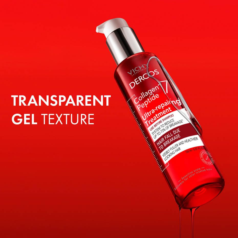 VICHY Dercos gel texture close-up highlighting collagen peptide formula for repair