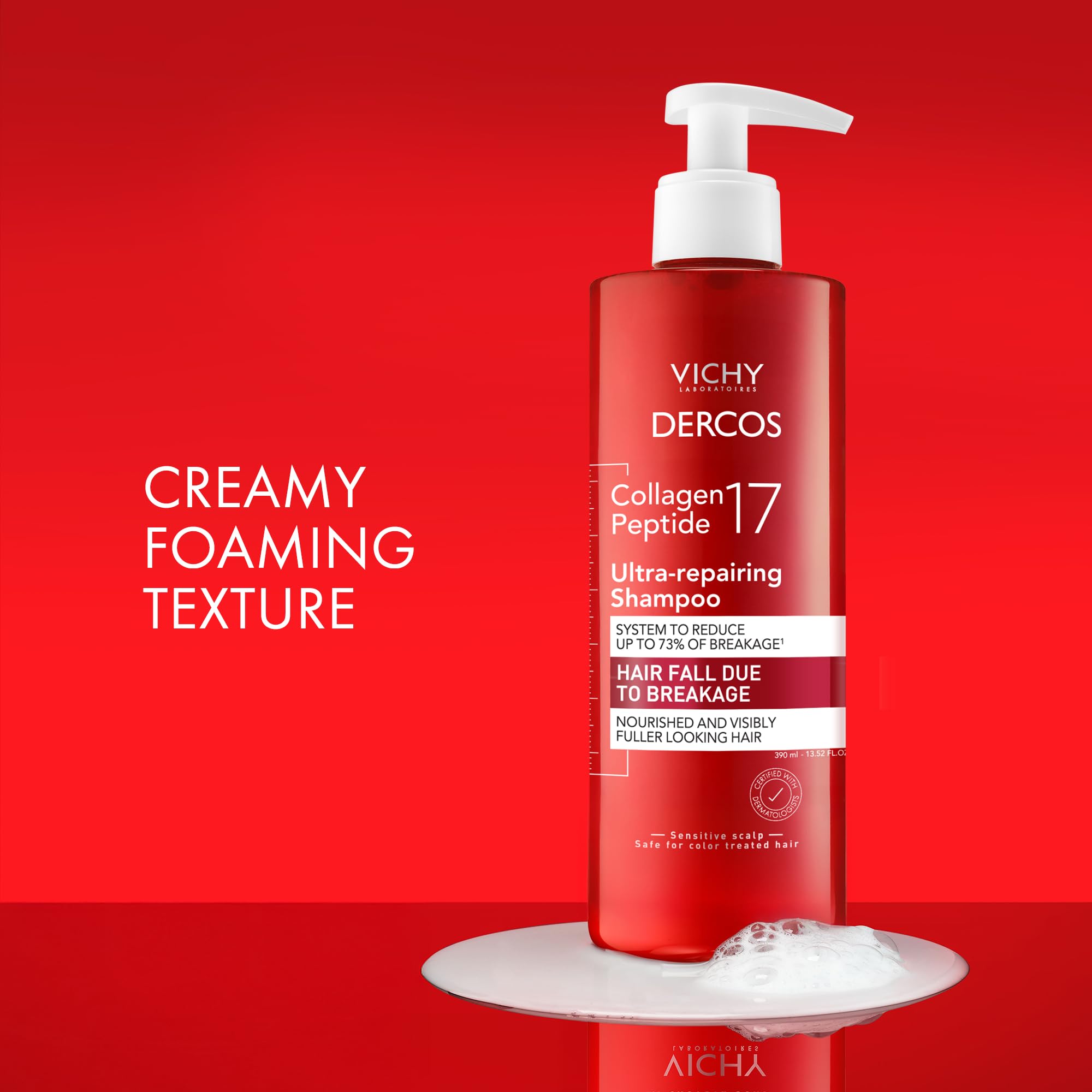 VICHY Dercos shampoo in bathroom routine illustrating strengthened hair result