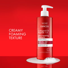 VICHY Dercos shampoo in bathroom routine illustrating strengthened hair result