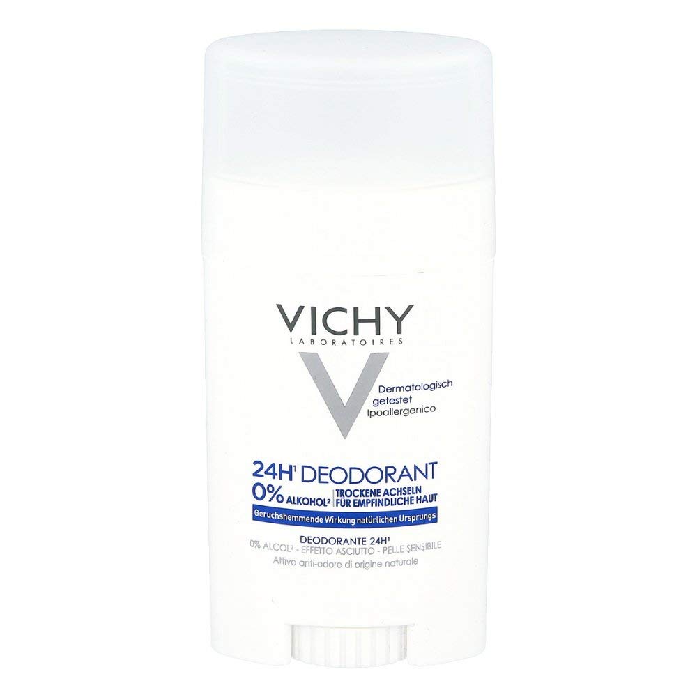 Vichy dry-touch stick front view showing compact travel-friendly packaging and invisible finish