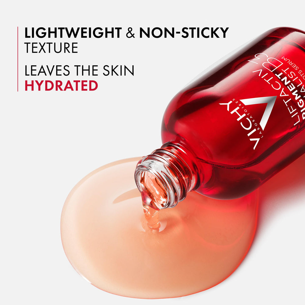 VICHY dispensing serum to emphasize easy, non-sticky application