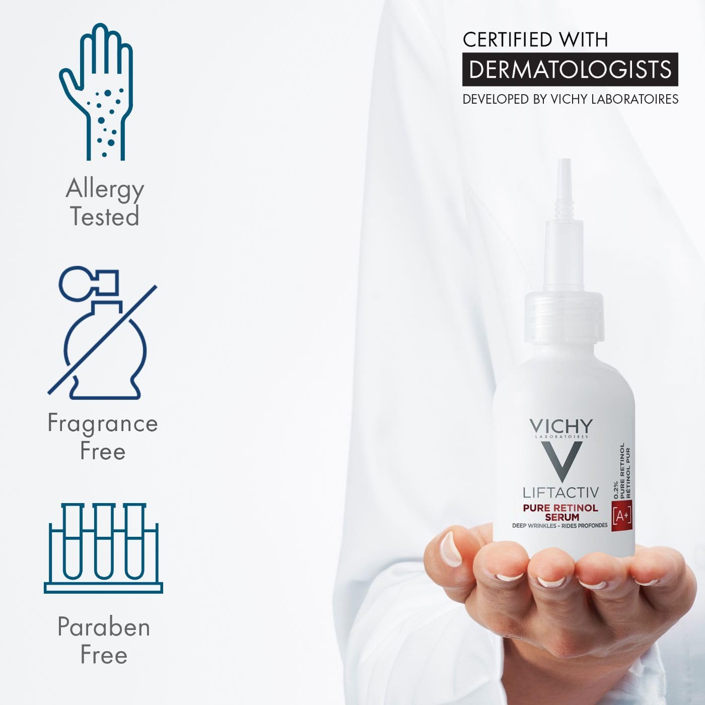 Vichy bottle in hand showing 1 fl oz size and portability benefit