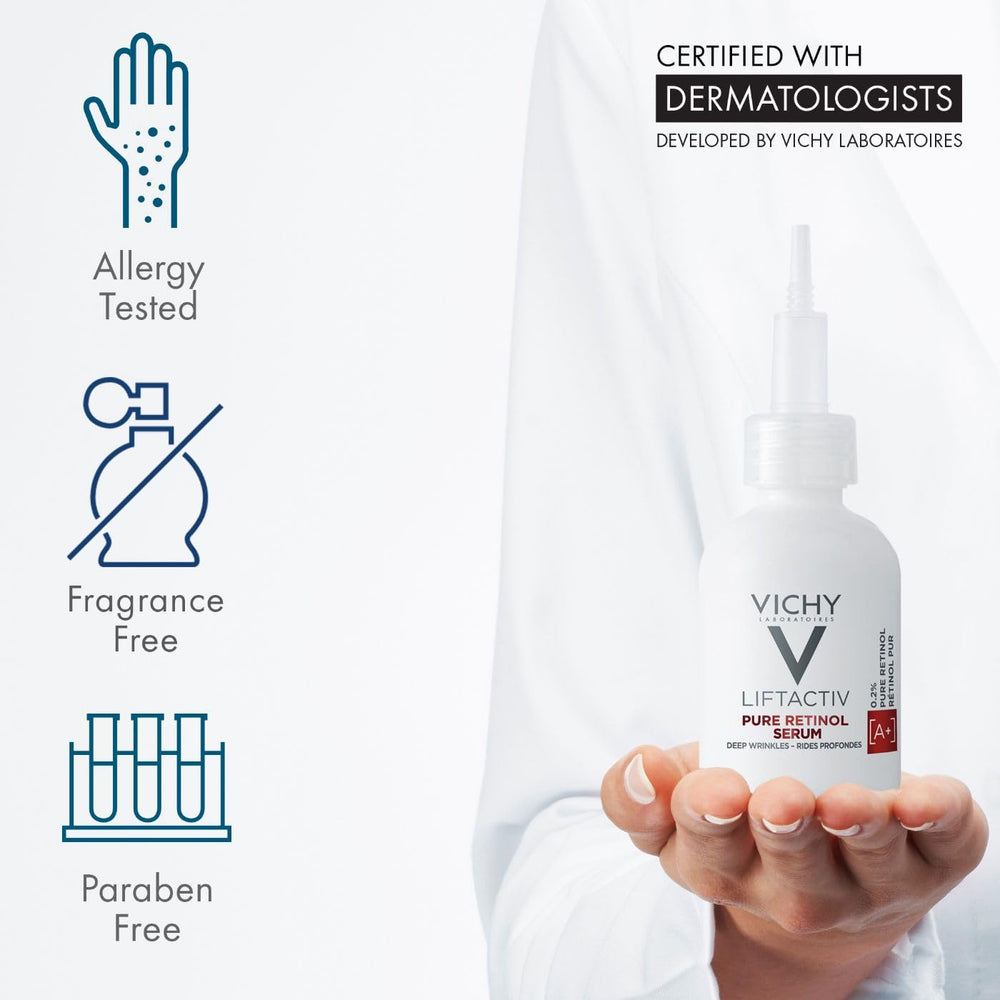 Vichy bottle in hand showing 1 fl oz size and portability benefit