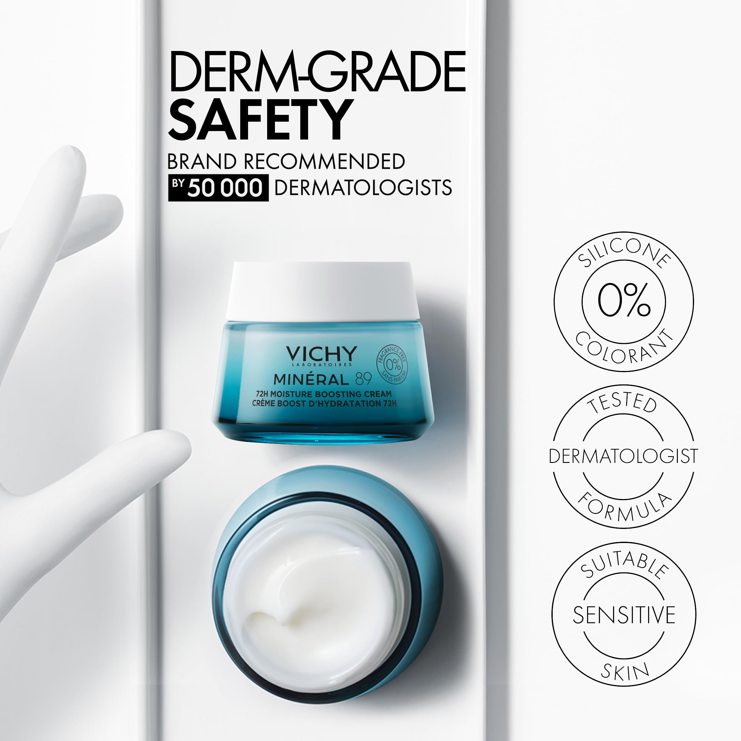 VICHY cream applied to back of hand demonstrating fast absorption and dewy hydration