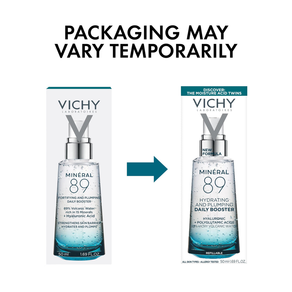 VICHY label with volcanic water text emphasizing mineral support for barrier