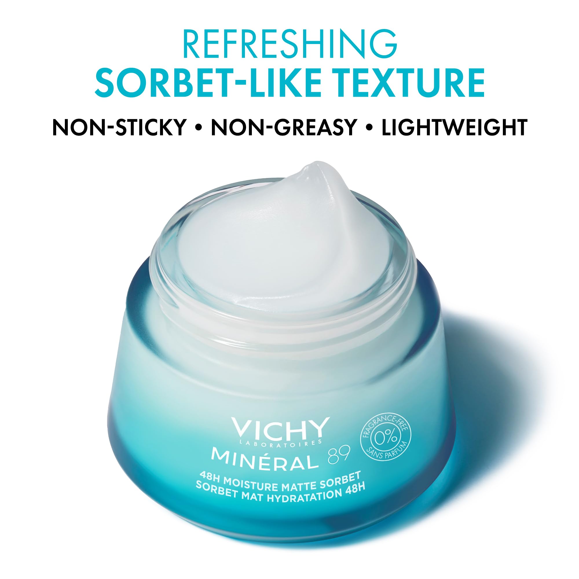 VICHY gel texture close-up highlighting lightweight sorbet and fast absorption benefit