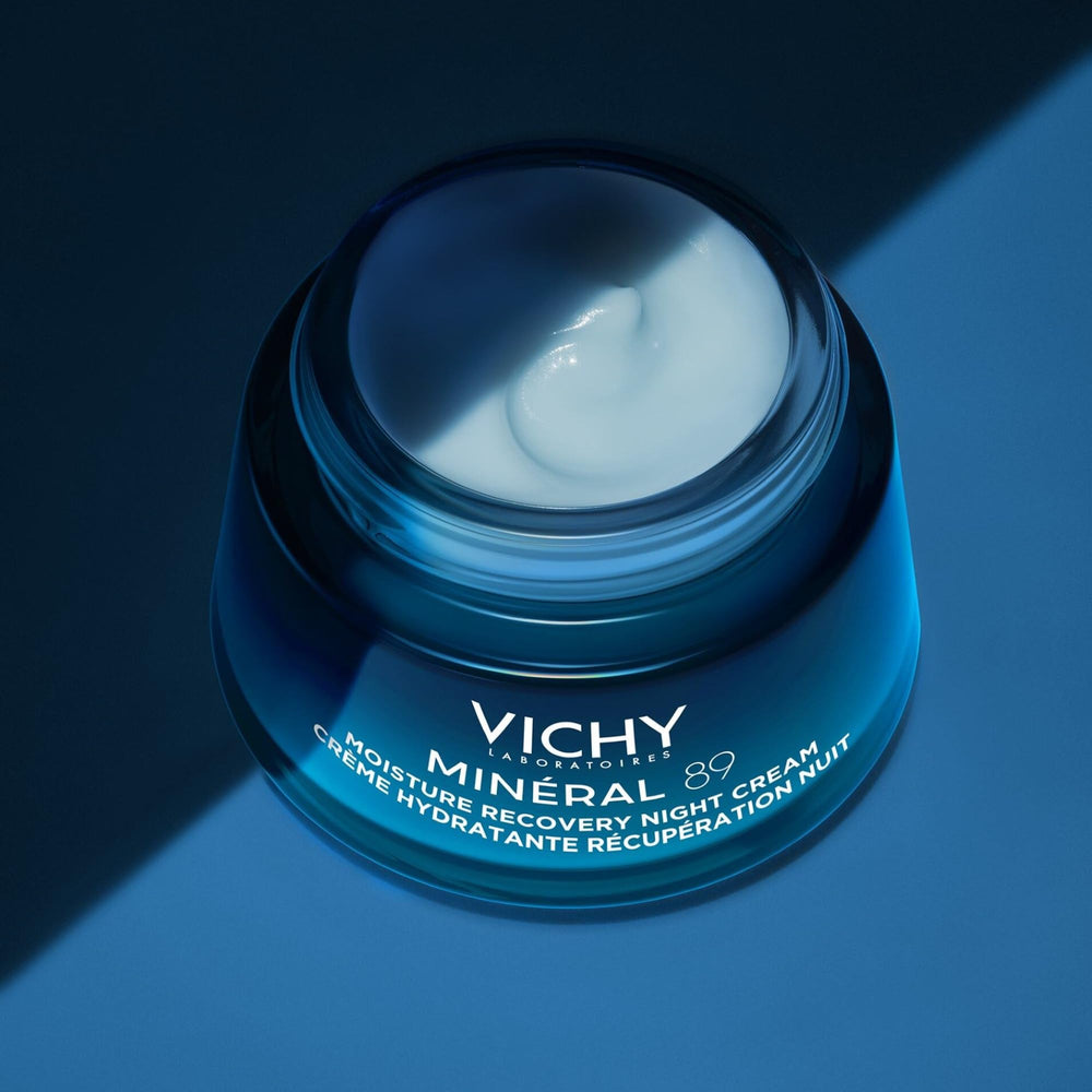 VICHY jar on bedside table demonstrating relaxing nighttime skincare ritual