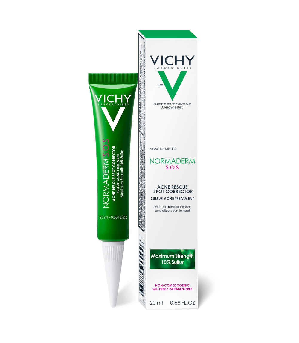 Vichy Normaderm before and after swatch illustrating visible blemish size reduction benefit