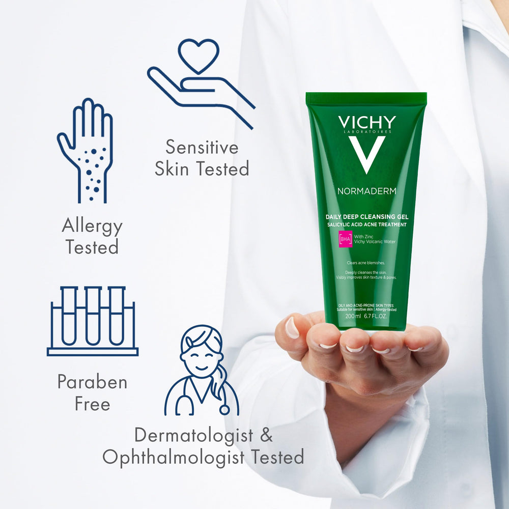VICHY Normaderm bottle next to common item for clear size reference