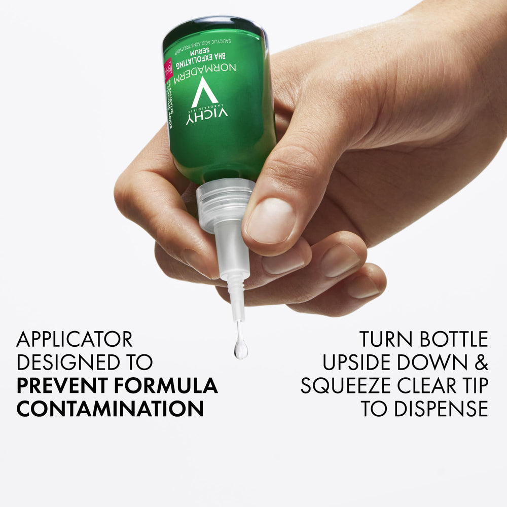 Vichy serum placed on bathroom counter with other skincare, routine-friendly