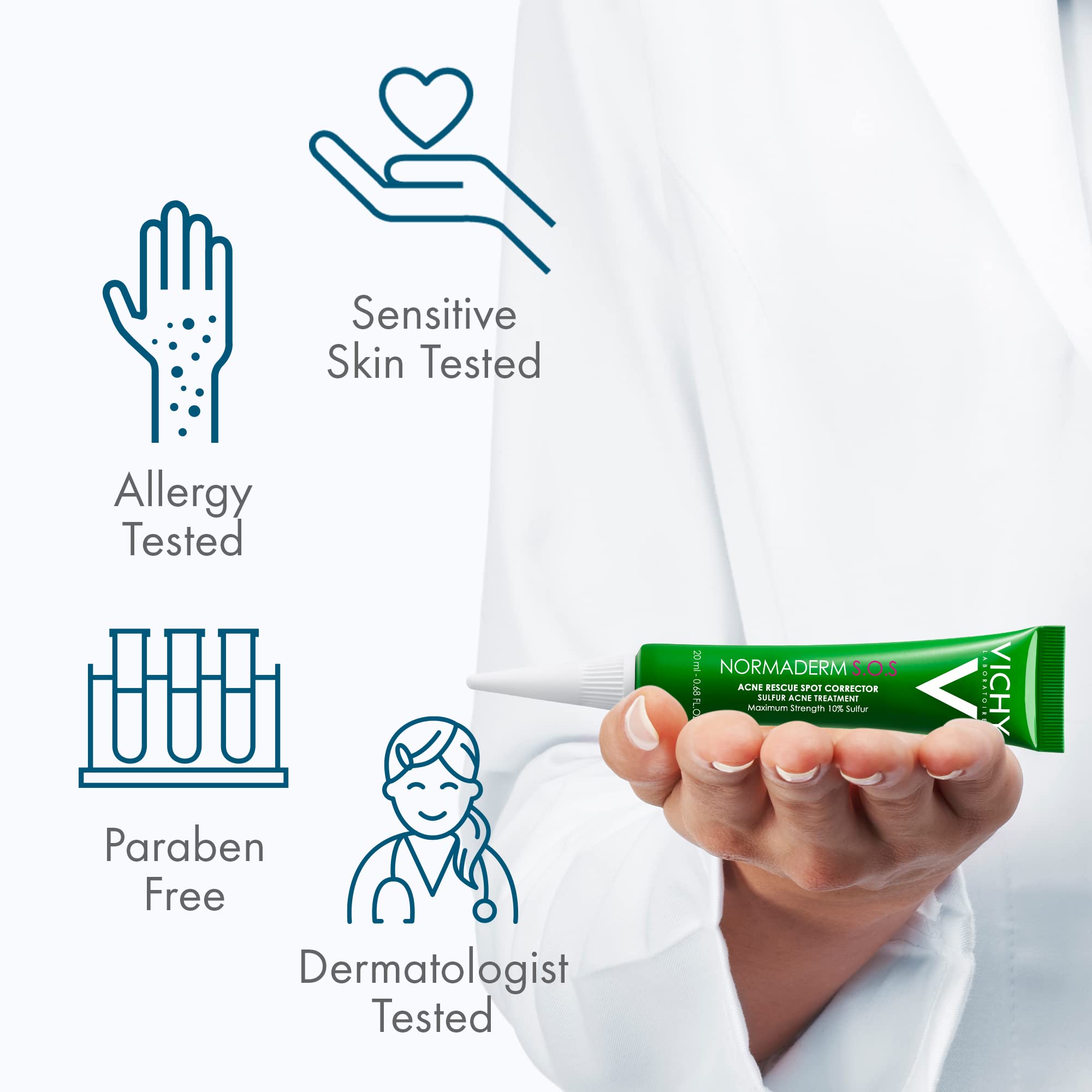 Vichy Normaderm next to a hand for size comparison indicating travel-friendly benefit