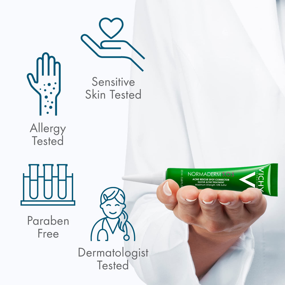Vichy Normaderm next to a hand for size comparison indicating travel-friendly benefit