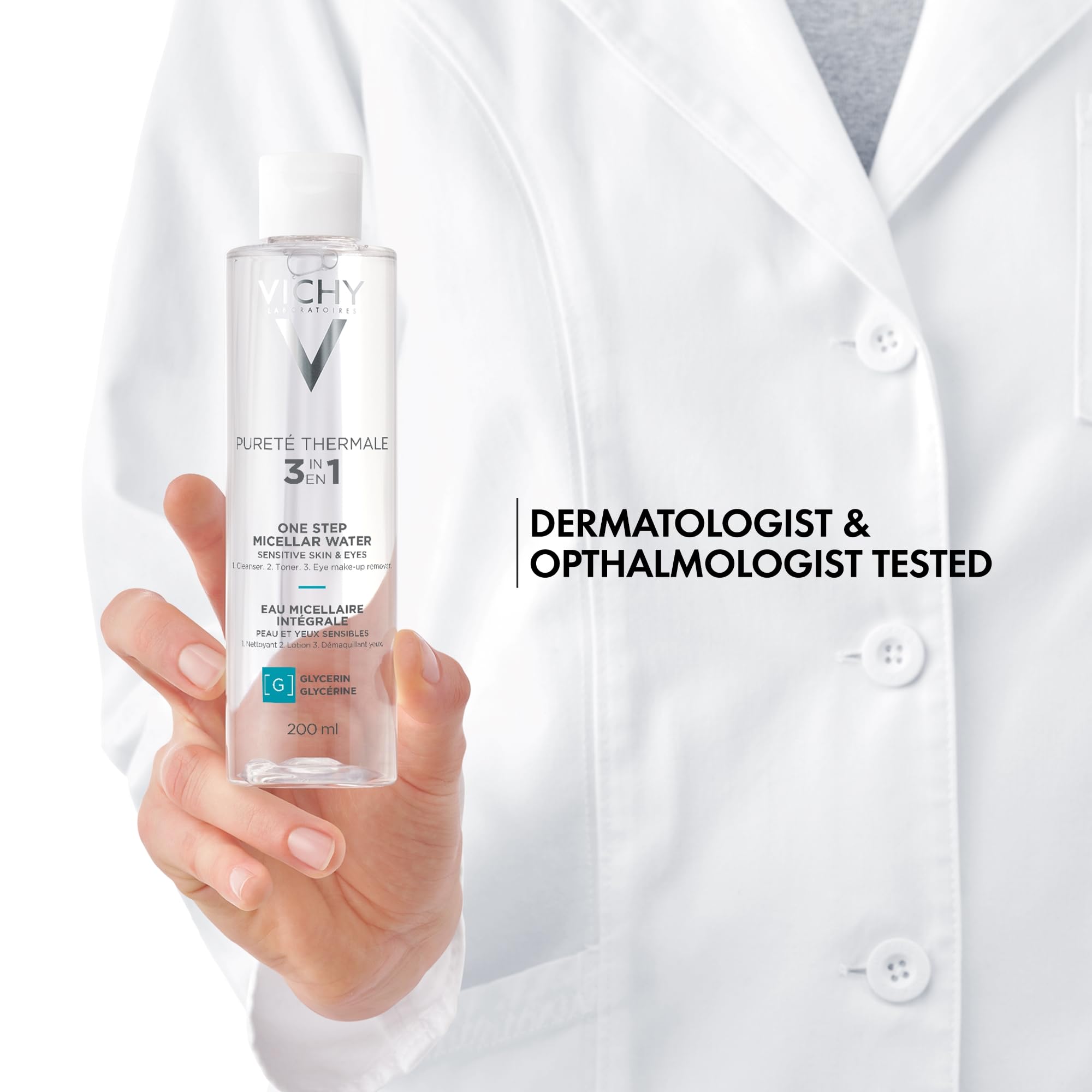 Vichy micellar bottle packed in travel bag for convenient cleansing