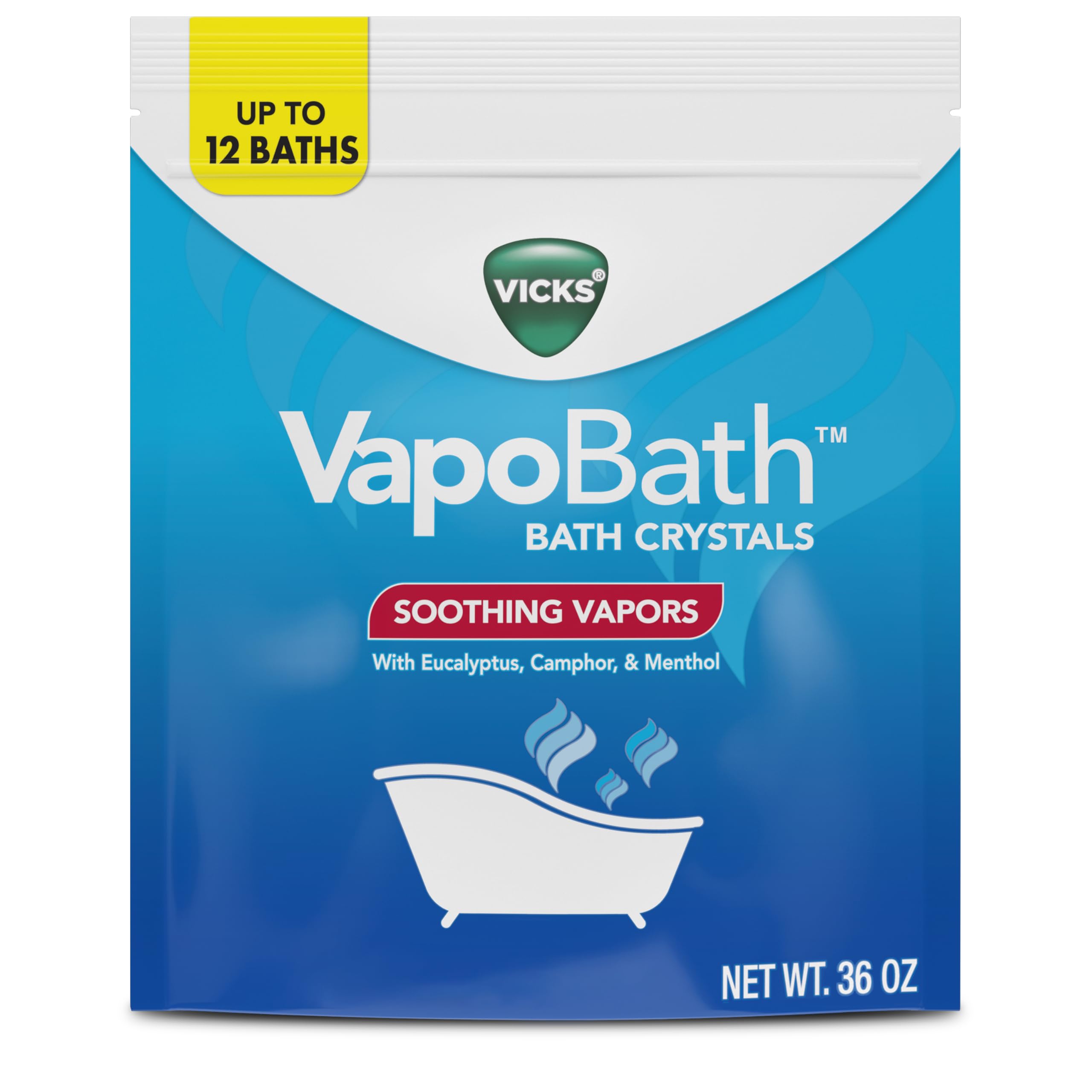 Vicks VapoBath salts pour into tub for a soothing, relaxing ritual.