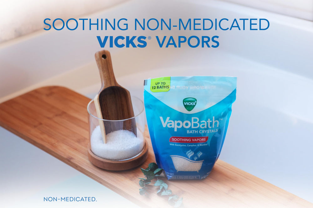 Vicks VapoBath setup showing pour into tub for relaxation.