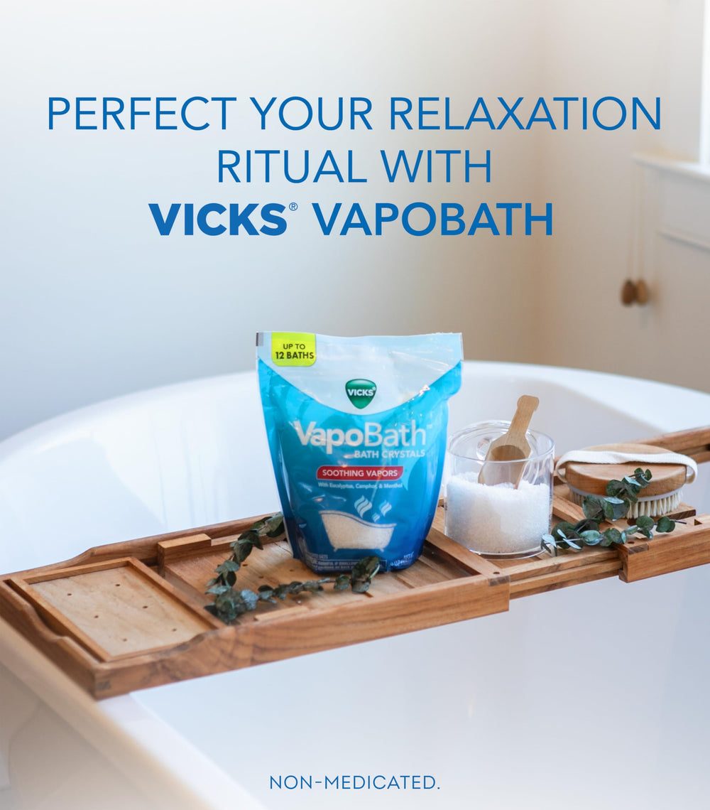 Vicks VapoBath vapors rise during soak with eucalyptus and menthol scent.