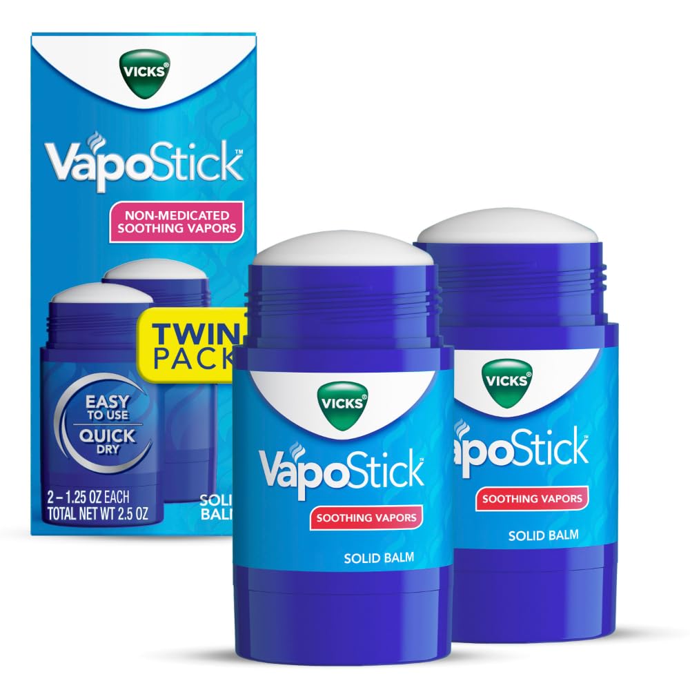 Vicks VapoStick packaging front with twin sticks for mess-free vapors.