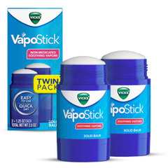 Vicks VapoStick packaging front with twin sticks for mess-free vapors.