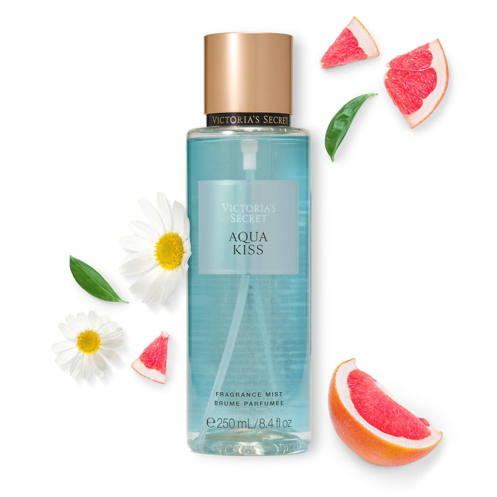 Victoria's Secret Aqua Kiss body mist bottle viewed from top for daily refresh.