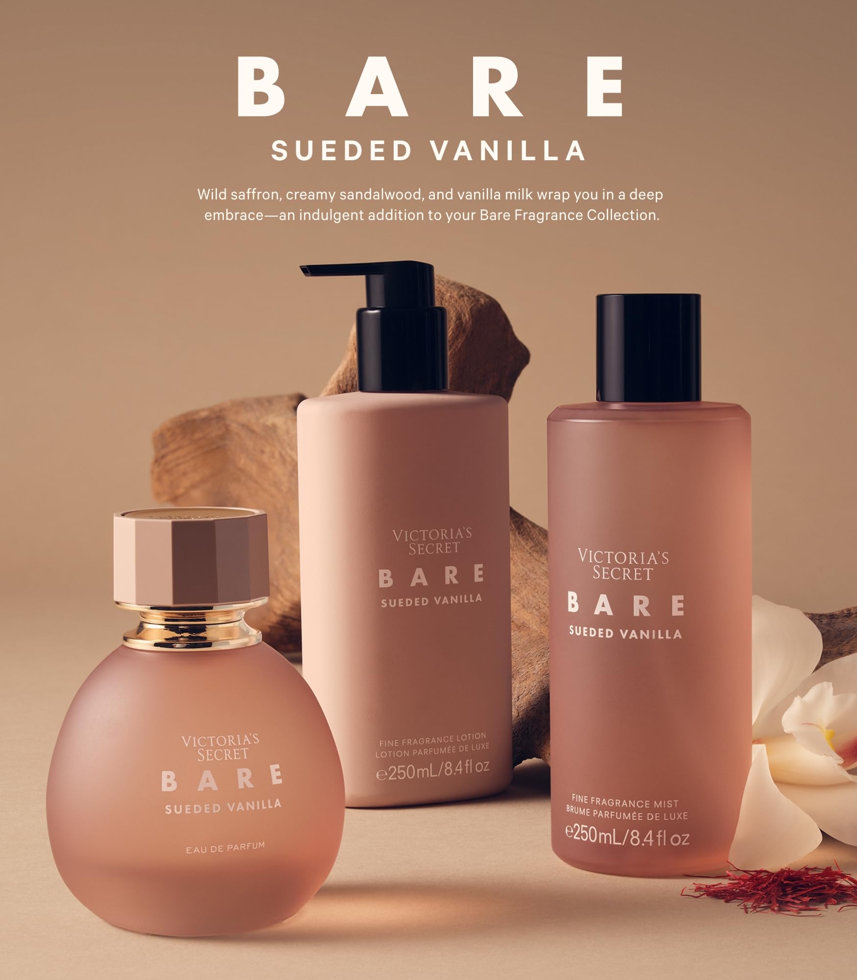 Victoria's Secret Bare Sueded Vanilla Mist creamy sandalwood detail highlights premium notes.