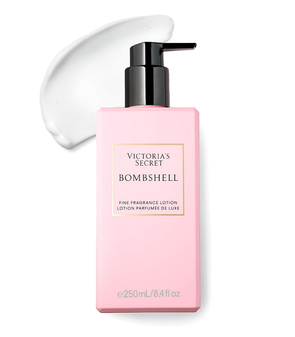 Victoria's Secret Bombshell lotion bottle highlights fruity floral scent for daily confidence.