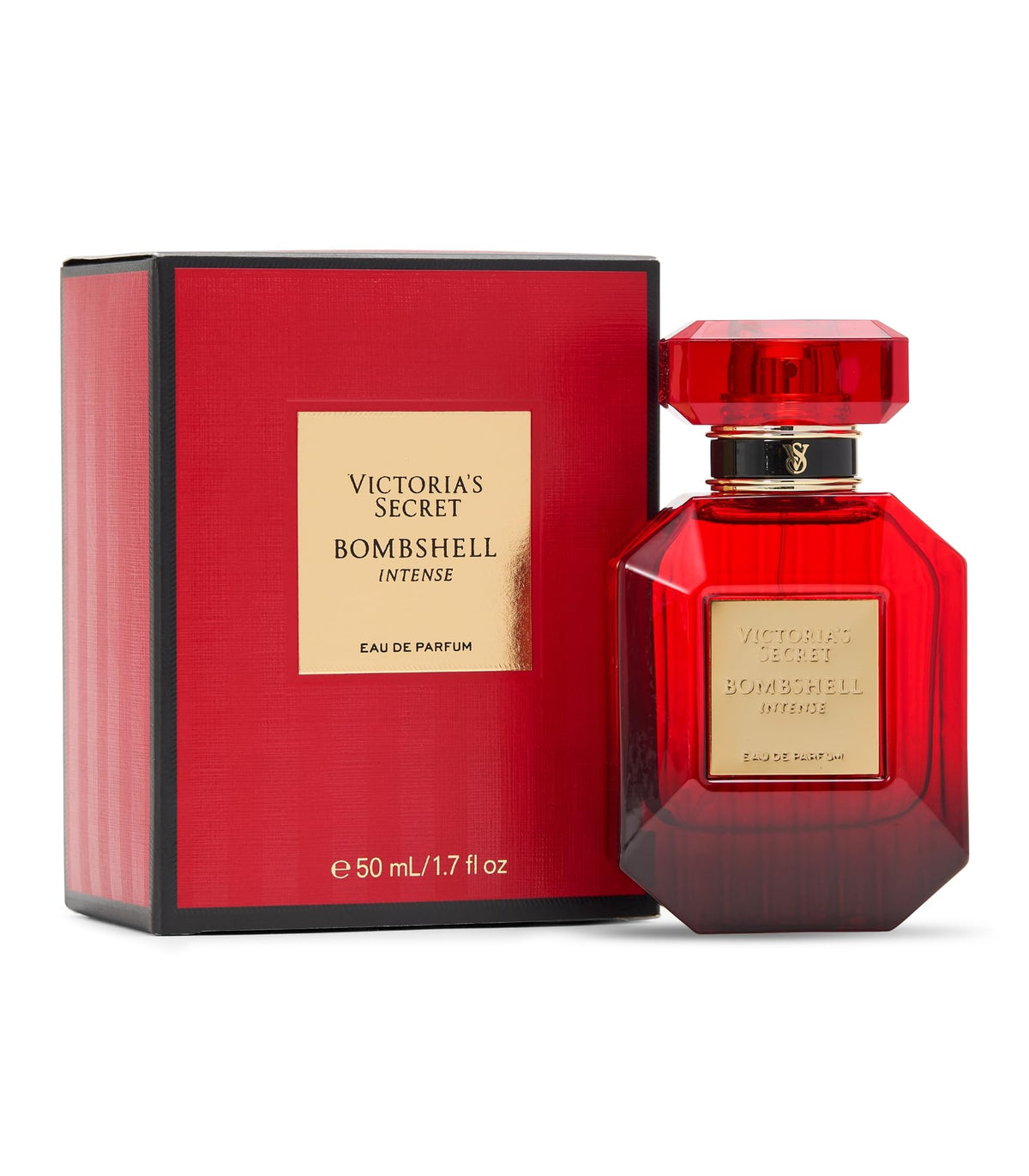 Victoria's Secret Bombshell Intense bottle on vanity showcases long-lasting fragrance potential.
