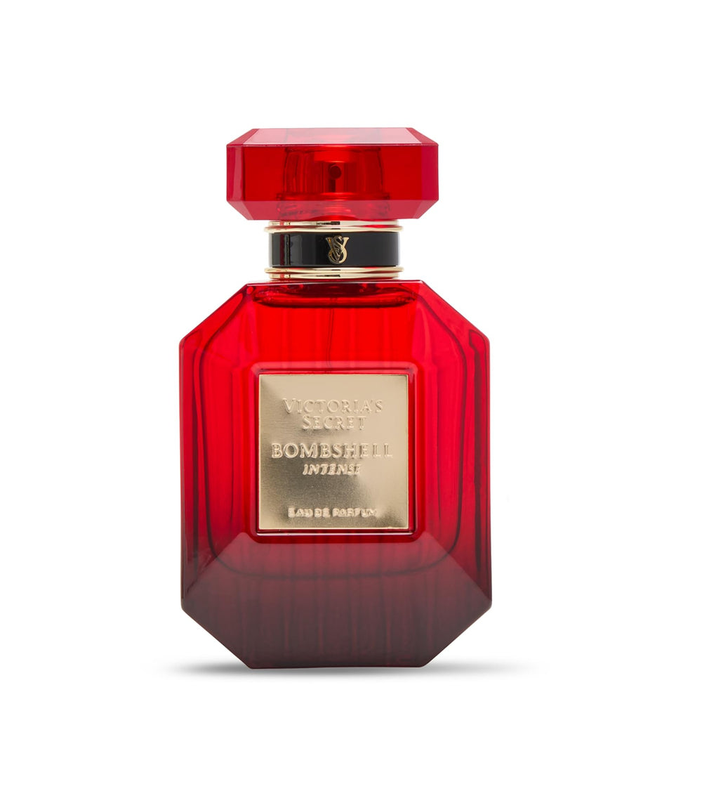 Victoria's Secret Bombshell Intense mist close-up highlights vibrant cherry and vanilla notes.