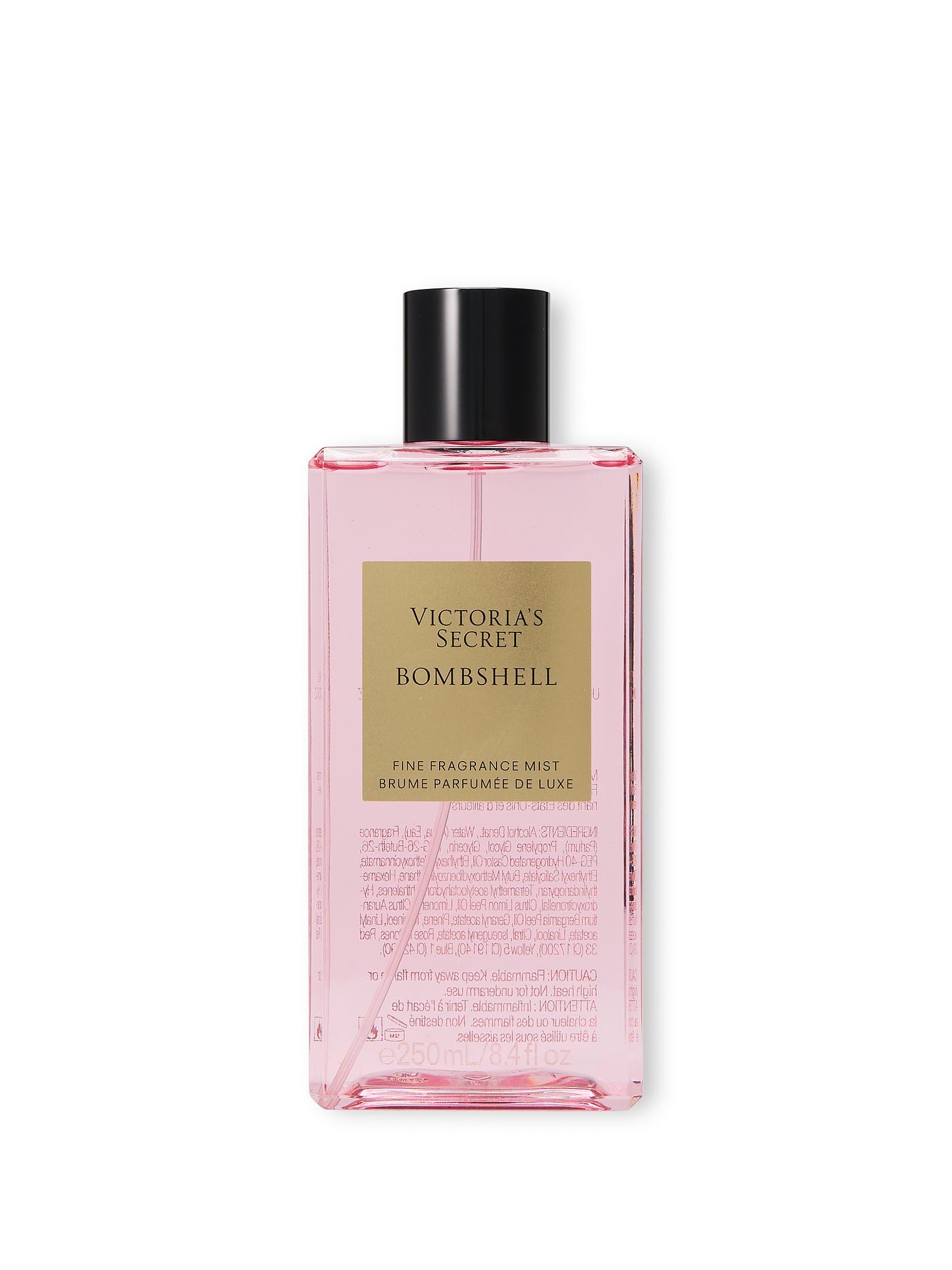 Victoria's Secret Bombshell Mist label-closeup with iconic packaging