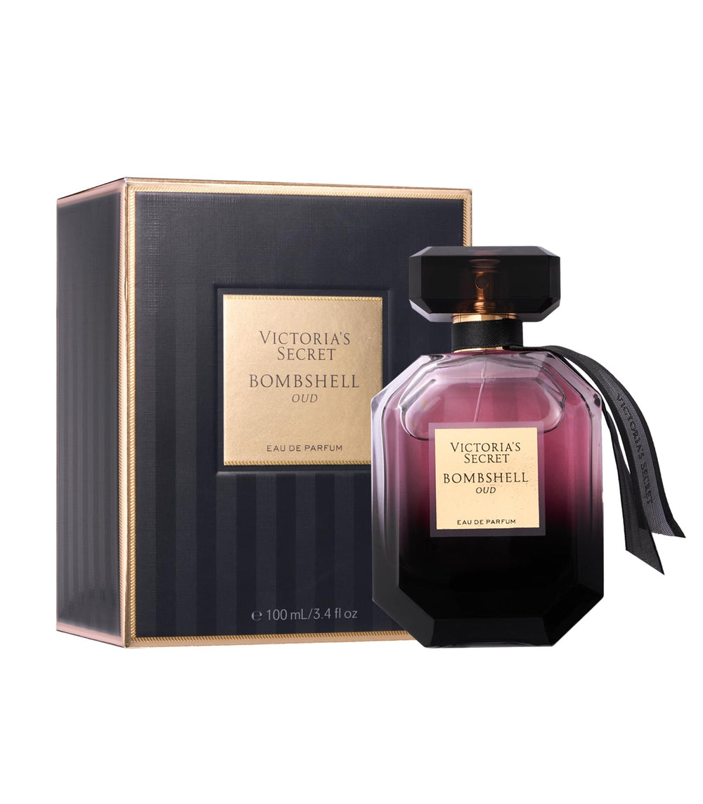 Victoria's Secret Bombshell Oud bottle showcases a bold floral-woody scent for daily luxury.