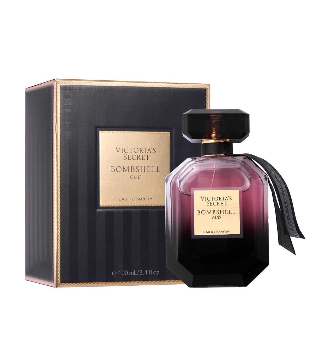 Victoria's Secret Bombshell Oud bottle showcases a bold floral-woody scent for daily luxury.