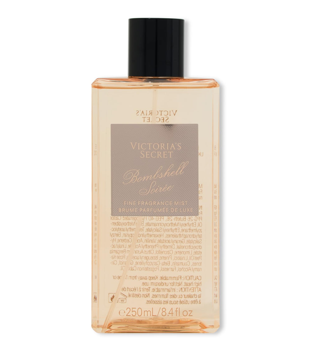 Victoria's Secret Bombshell Soiree fragrance mist bottle shows an airy, daily-wear option.