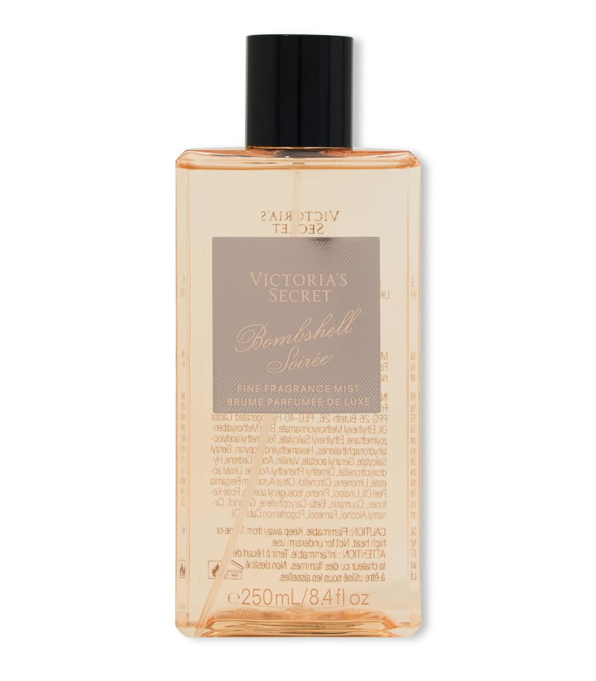 Victoria's Secret Bombshell Soiree fragrance mist bottle shows an airy, daily-wear option.