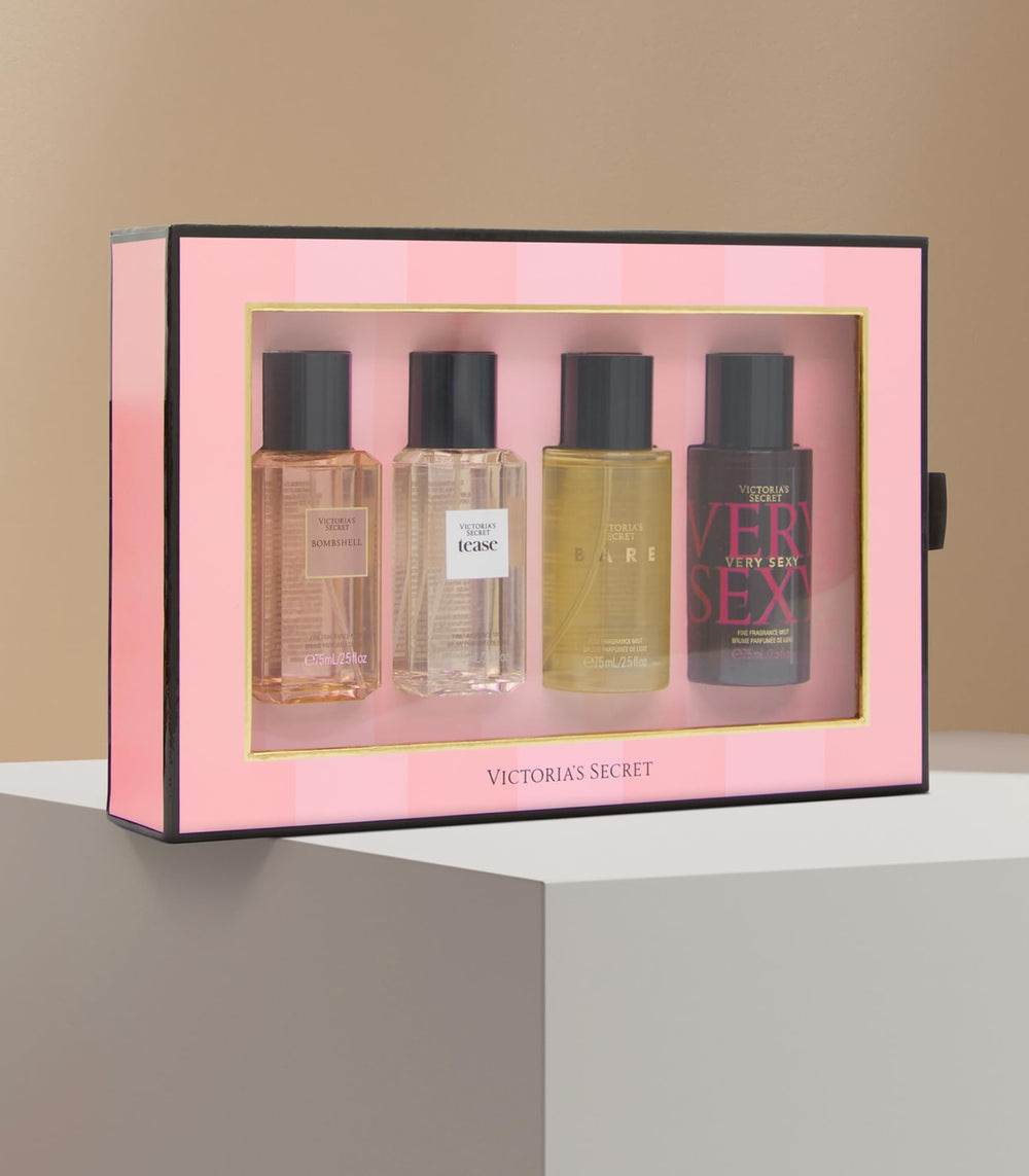 Victoria's Secret fragrance mist bottles close-up highlighting travel-friendly mini sizes.