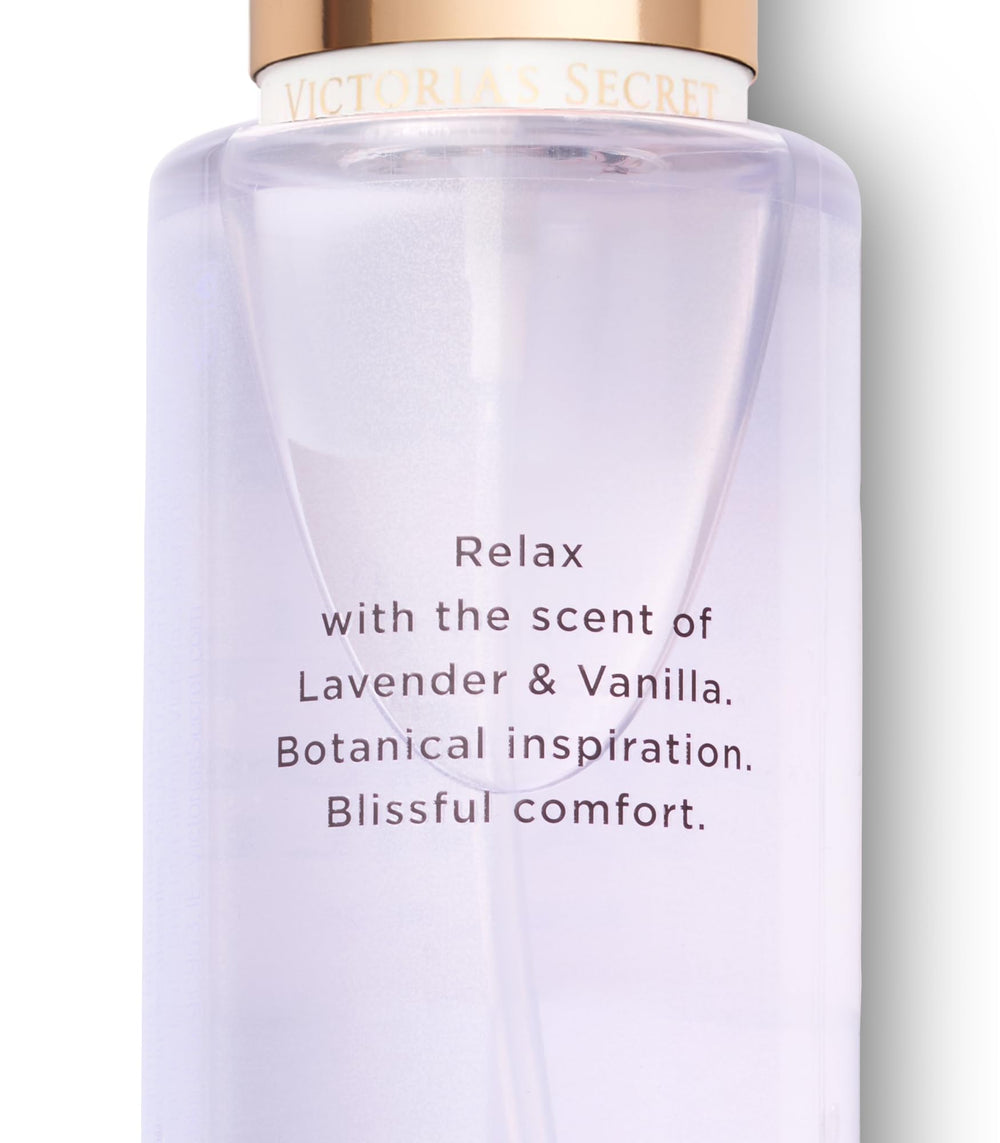 Victoria's Secret Lavender-vanilla-mist label closeup highlights calming notes
