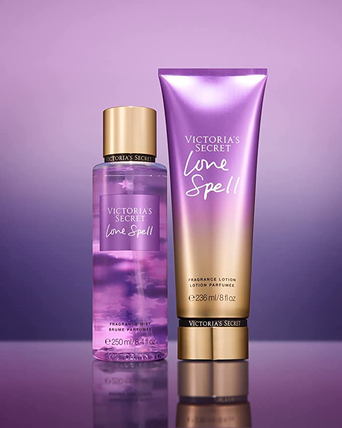 Victoria's Secret Love Spell Body Mist 3-Pack bottles-on-shelf view emphasizes quick, refreshing spritz