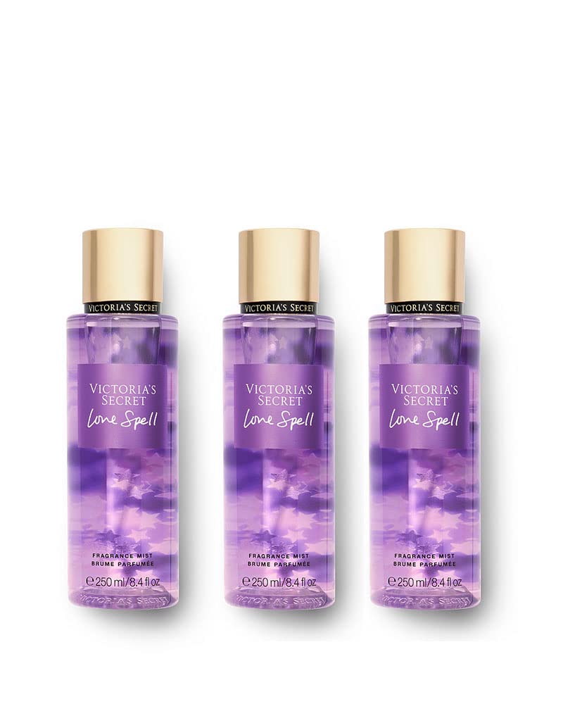 Victoria's Secret Love Spell Body Mist 3-Pack packshot highlighting versatile fruity floral scent for everyday freshness