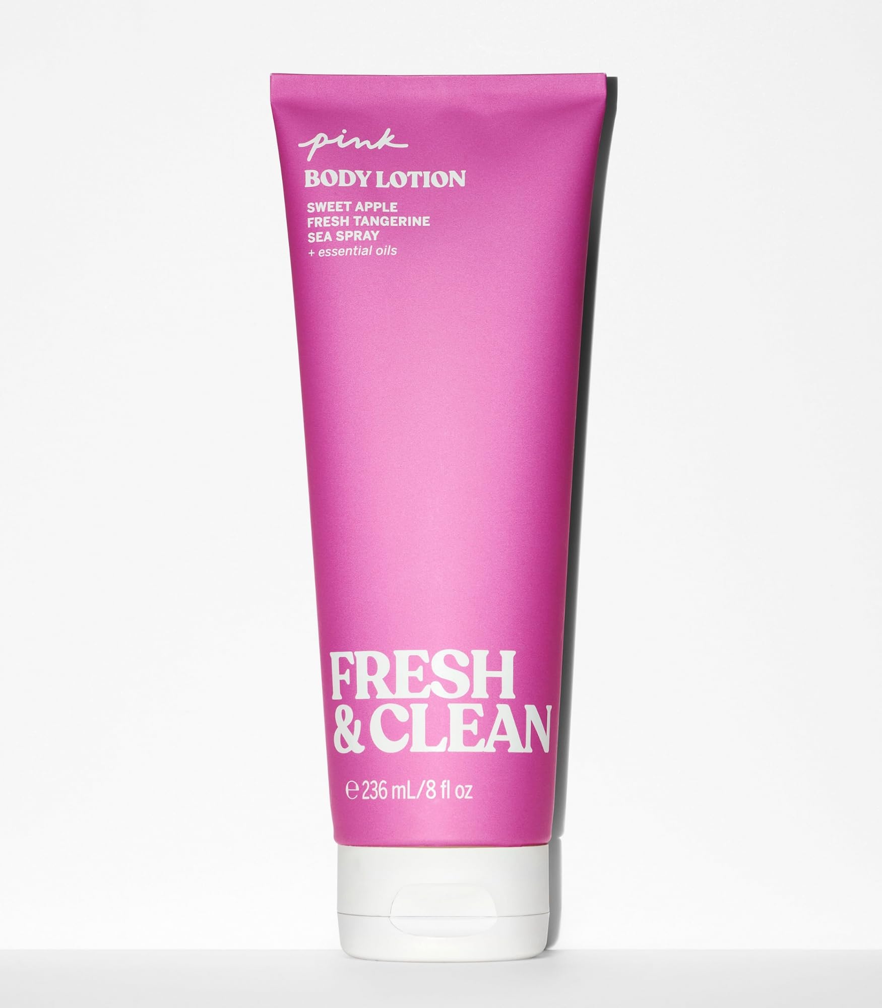 Victoria's Secret Pink Fresh & Clean lotion bottle accentuates Sweet Apple, Tangerine, Sea Spray notes.