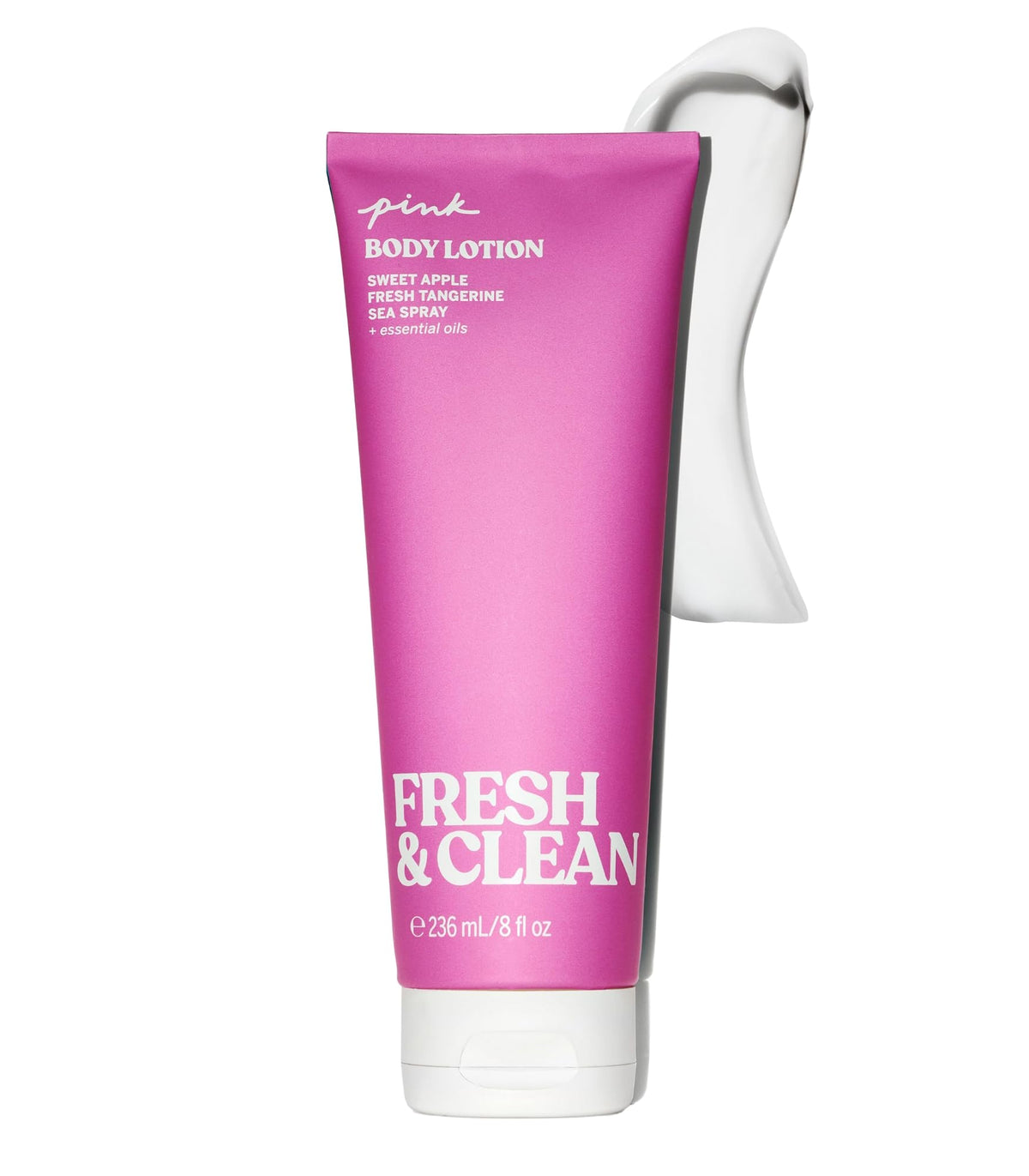 Victoria's Secret Pink Fresh & Clean lotion tube front view with hydrating, fresh-scent formula.