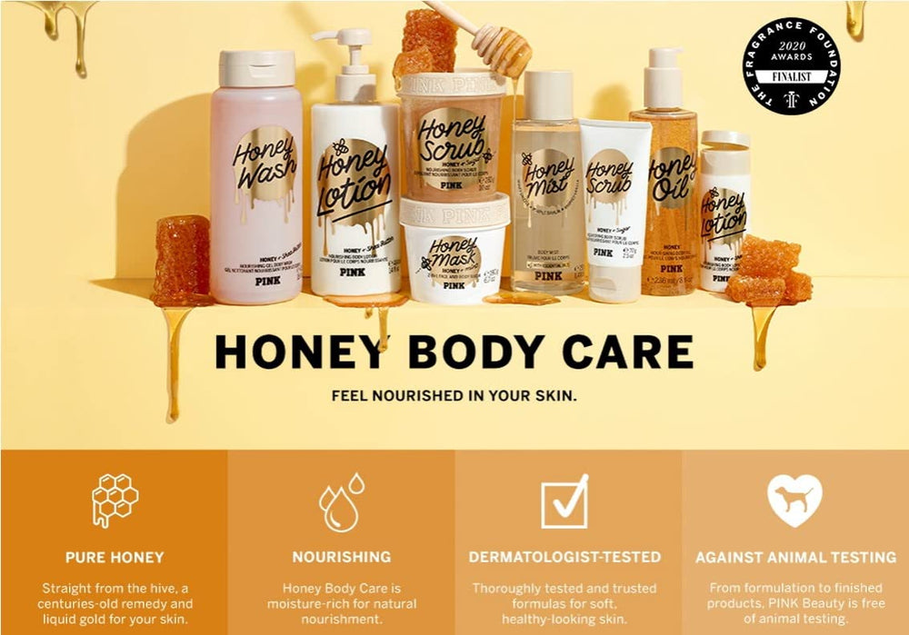 Victoria's Secret Pink Honey bottle back highlights packaging details and long-lasting scent profile.